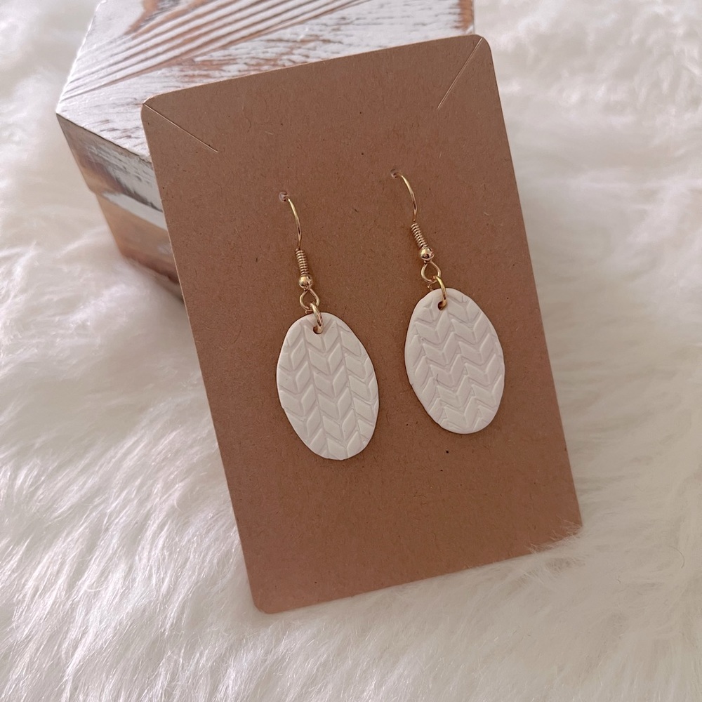 White Knit Textured Oval Earrings